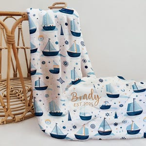 Manta de bebé con diseño de velero, nombre personalizado, decoración náutica para guardería, regalo personalizado para baby shower, manta náutica con temática oceánica, regalo de Navidad