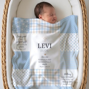 May include: A soft baby blanket featuring a patchwork design in light blue, white, and beige. The center panel displays the name LEVI JUDE, a cross, and the text: You are FEARFULLY AND WONDERFULLY made Psalm 139:14. Other panels include stars, hearts, and Bible verses.