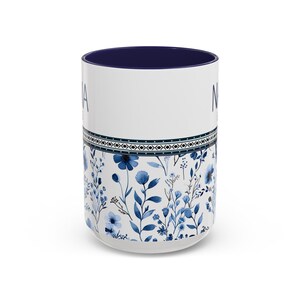 Elegant Floral Accent Mimi Coffee Mug with geometric and floral details, perfect as a personalized ceramic gift for moms and grandmothers. Dishwasher safe with a glossy finish, ideal for birthdays, Christmas, or everyday tea rituals.