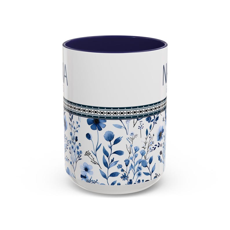 Elegant Floral Accent Mimi Coffee Mug with geometric and floral details, perfect as a personalized ceramic gift for moms and grandmothers. Dishwasher safe with a glossy finish, ideal for birthdays, Christmas, or everyday tea rituals.