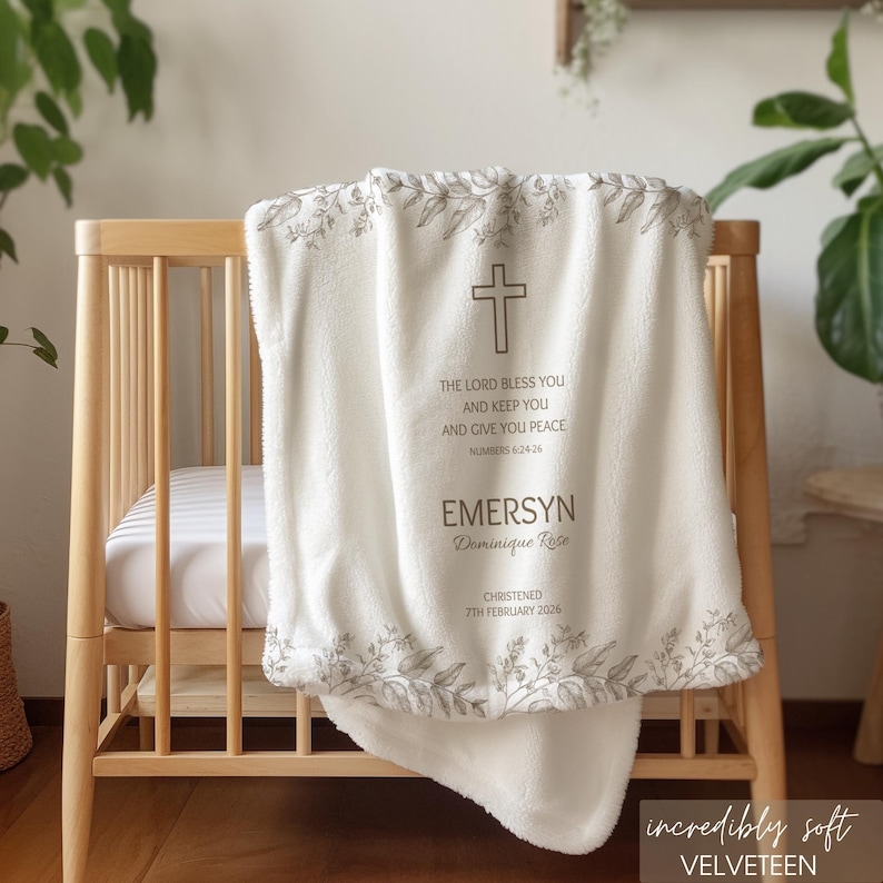 Custom baby baptism blanket featuring a cross and Bible verse, meaningful heirloom gift from a pastor, church, or godparents, personalized Christian keepsake for christening and dedication