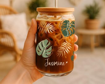 Personalisierte Tropische Glas Sipper Tasse: Bambusdeckel Eiskaffeedose