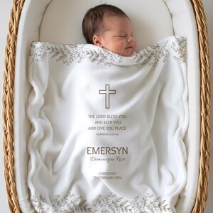Faith-inspired cross or deer baby blanket with personalized name and scripture, styled in soft woodland tones. Designed as a Christian baby keepsake using velveteen, minky softness, and durable sherpa fleece.