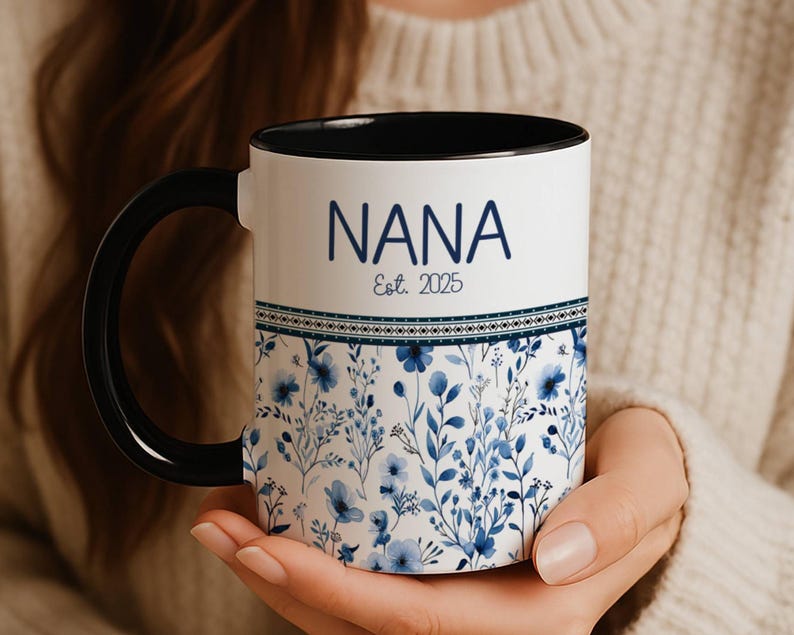 Customized Floral Mama Coffee Mug Black Accent Design French Toile Flower Ceramic Drinkware Mama Gift Idea Grandma Present Unique Nana Kitchen Essential Dishwasher Safe Cool Mom Premium Quality Construction Perfect  Mother's Day Birthday Holiday Present