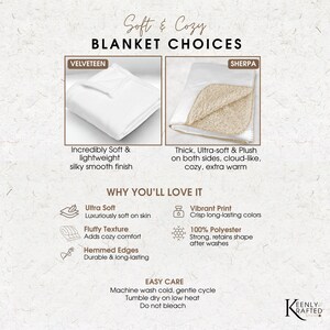 May include: Image displaying two blanket styles: a white Velveteen blanket and a white Sherpa blanket with a beige interior. Text reads "Soft & Cozy Blanket Choices" and describes the blankets as lightweight and thick, ultra-soft. Additional text of why you'll love it an care instructions.