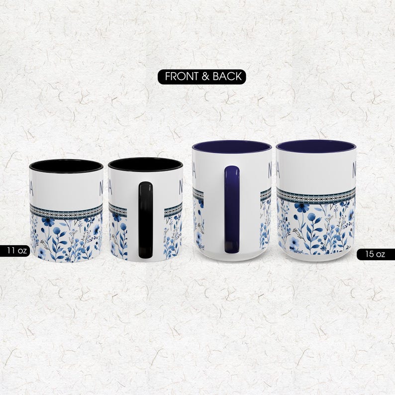 Personalized Chinoiserie Design Coffee Mug for grandma or nana with a glossy finish and floral details. Lead and BPA-free, dishwasher-safe, and beautifully made — a thoughtful gift for Mother’s Day, birthdays, or Christmas mornings.