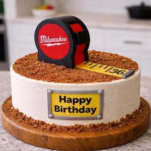 May include: A round birthday cake with white frosting, topped with brown crumbs and a black and red Milwaukee tape measure. A yellow sign with "Happy Birthday" is on the side. The tape measure extends to 36 inches.