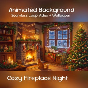 Peut inclure: Image d'arrière-plan animé avec le texte "Animated Background Seamless Loop Video + Wallpaper". La scène représente une ambiance de Noël chaleureuse avec une cheminée, un sapin et un chat. Le texte "Cozy Fireplace Night" est en bas.