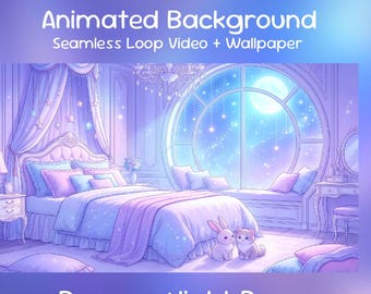 Anime Animated Background: Dreamy Night Room, Pastel Bedroom, Kawaii Animal, Star, Twitch Overlay, VTuber Stream
