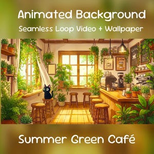 Summer Green Café Anime Animierter Hintergrund: Gemütliche Ecke, Kawaii Katze, Lofi, Twitch Overlay, VTuber Stream
