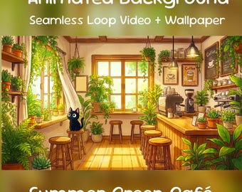 Summer Green Café Anime Animated Background: Cozy Corner, Kawaii Cat, Lofi, Twitch Overlay, VTuber Stream