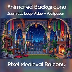 Medieval Balcony Night Anime Animated Background| Pixel Art Castle, Cozy Kingdom, YouTube, Twitch Overlay, VTuber Stream
