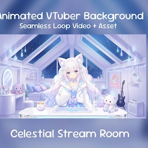 天体ストリームルームのアニメーションVTuber背景｜椅子、机、VTuberアセット、Twitchオーバーレイ、VTuberストリーム