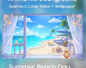 Fondo animado de anime para un día de playa veraniego / Habitación costera soleada, superposición para YouTube y Twitch, transmisión de VTuber