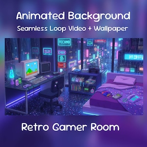 Retro Gamer Room Anime Animierter Hintergrund | Japanisches Neon Schlafzimmer, YouTube, Twitch Overlay, VTuber Stream