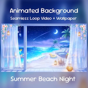 Summer Beach Night Anime Animated Background| Coastal Night Room, YouTube, Twitch Overlay, VTuber Stream