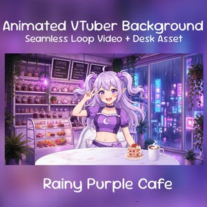 雨の降る紫色のカフェのアニメーションVTuber背景｜椅子、机、VTuberアセット、Twitchオーバーレイ、VTuberストリーム