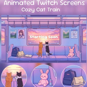 Écrans Twitch de train Kawaii Cosy Cat, Sunset Kitty Ride, voyage en train Pastel en train, pack de superpositions Vtuber