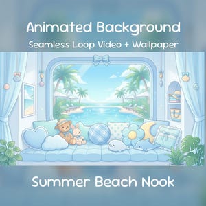 Summer Beach Nook Animated Background | Kawaii Pastel Ocean Pool Lounge (Digital Download)