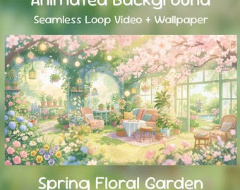 Fondo animado de anime con jardín floral primaveral / Superposición acogedora de invernadero para transmisiones de Twitch de Vtuber
