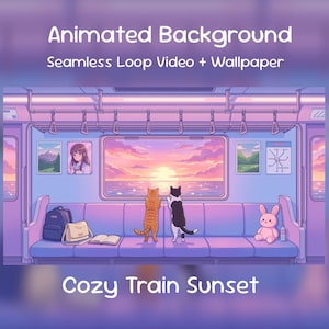 Cozy Train Sunset Animated Background| Kawaii Cats, Relaxing Travel, Lofi, Twitch Overlay, VTuber Stream