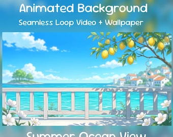 Fondo animado de anime con vista al océano en verano / Escapada junto al mar con limones, relajante, vacaciones, lofi, superposición de Twitch, transmisión de VTuber