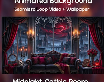 Fondo animado de anime/ Habitación gótica de medianoche, Castillo de vampiros, Luna de sangre, Oscuro, Escalofriante, Superposición de Twitch, Transmisión de VTuber