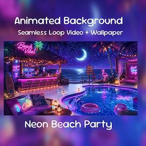 Neon Beach Party Anime Animated Background| Summer Poolside Bar, Twitch Overlay, VTuber Stream