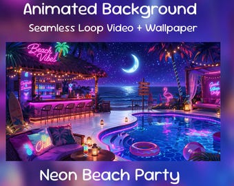 Neon Beach Party Anime Animated Background| Summer Poolside Bar, Twitch Overlay, VTuber Stream