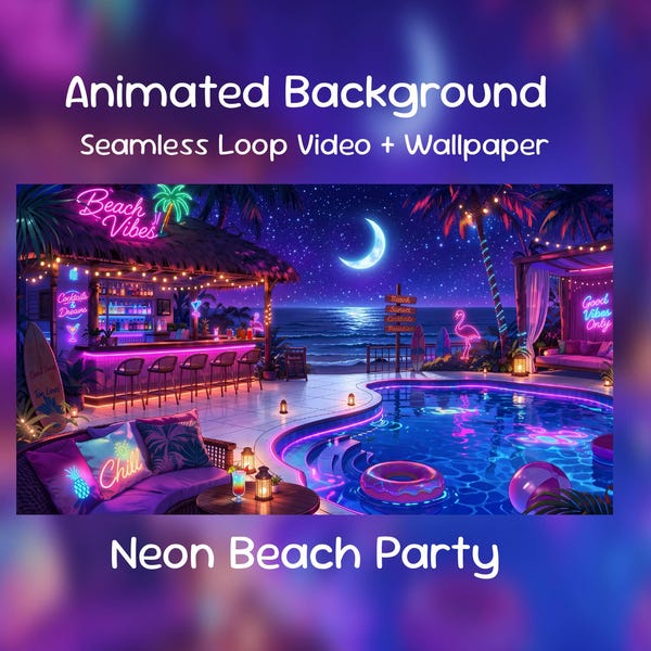 Neon Beach Party Anime Animated Background| Summer Poolside Bar, Twitch Overlay, VTuber Stream
