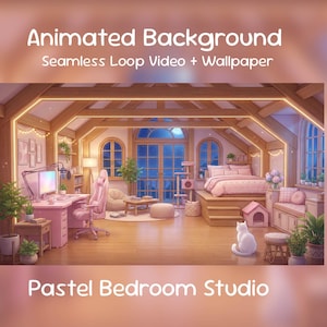 May include: An animated background featuring a pastel bedroom studio with a desk, computer, pink chair, bed on a platform, and a white cat. The text reads Animated Background Seamless Loop Video + Wallpaper Pastel Bedroom Studio.