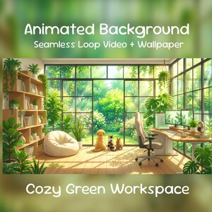 Könnte beinhalten: Animated Background Seamless Loop Video + Wallpaper Cozy Green Workspace. Ein sonnendurchfluteter Raum mit einem Holzregal, einem Sitzsack, einem Schreibtisch mit zwei Monitoren sowie einem Hund, einer Katze und einem Kaninchen auf dem Boden.