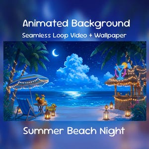 Fond d'écran animé Summer Beach Night Anime | Océan tropical, minuit, Lofi, superposition Twitch, flux VTuber