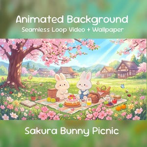 以下が含まれることがあります： 桜のウサギのピクニックシーンのアニメーション背景。2匹の白いウサギが桜の木の下でピクニックをしています。ピクニックブランケット、食べ物、日本の伝統的な家屋が描かれています。「Animated Background」と「Sakura Bunny Picnic」の文字があります。