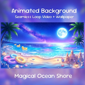 Puede incluir: Imagen de fondo animada que representa una mágica costa oceánica. La imagen incluye una luna llena, palmeras, un castillo de arena y coloridos flotadores inflables. El texto en la imagen dice "Animated Background" y "Magical Ocean Shore."