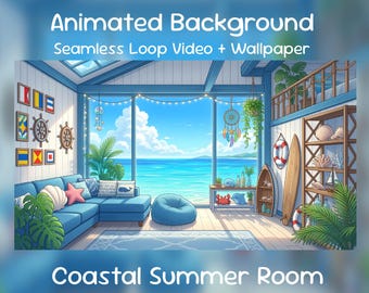 Fondo animado de habitación veraniega costera / Vista al océano, superposición Lofi Vtuber Twitch Streamer (descarga MP4)