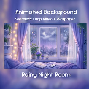 Może przedstawiać: Animowana ilustracja sceny sypialni w nocy. Pokój posiada łóżko, okno z deszczem i panoramę miasta. Tekst brzmi "Animated Background Seamless Loop Video + Wallpaper" i "Rainy Night Room".