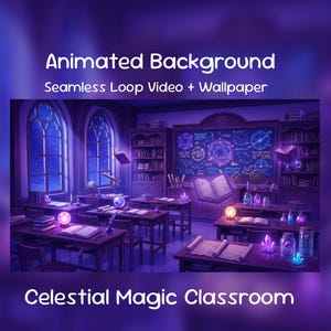 May include: An animated background image of a celestial magic classroom. The image shows a classroom with desks, bookshelves, and a chalkboard with magical diagrams. The text on the image reads "Animated Background" and "Celestial Magic Classroom."