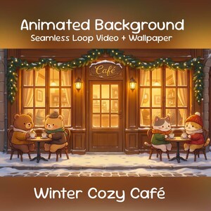 Può includere: Illustrazione animata di una scena di un caffè invernale. L'immagine presenta animali dei cartoni animati, tra cui orsi e gatti, seduti a tavoli fuori da un caffè. Il caffè ha un bagliore caldo e invitante, con il testo "Winter Cozy Café" in basso.