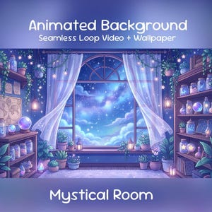 Puede incluir: Imagen de fondo animada de una habitación mística con estanterías, plantas y una gran ventana con vistas a un cielo estrellado. El texto "Animated Background" y "Mystical Room" es visible.
