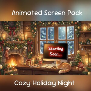 Può includere: Un pacchetto schermo animato con un tema accogliente per le vacanze notturne. L'immagine presenta uno schermo di computer che mostra "Starting Soon..." in rosso, un camino e un gatto. La scena è decorata con ornamenti e regali natalizi.