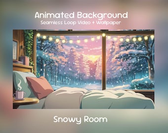 Puede incluir: Imagen de fondo animada de una habitación nevada con vista a un bosque invernal. La escena incluye una cama con almohadas, una mesita de noche con una taza y una ventana con luces de cadena. El texto de la imagen dice "Animated Background" y "Snowy Room."