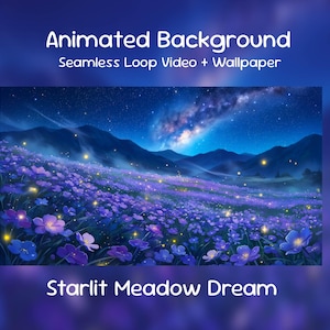 Könnte beinhalten: Digitalkunst einer sternenübersäten Wiese mit lila Blumen und einem sternenklaren Nachthimmel. Das Bild trägt die Aufschrift "Animated Background Seamless Loop Video + Wallpaper" und "Starlit Meadow Dream."