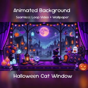 Könnte beinhalten: Animated Background Seamless Loop Video + Wallpaper Halloween Cat Window. Eine digitale Illustration eines Fensterblicks mit violettem Nachthimmel, Vollmond, gruseligen Häusern, leuchtenden Kürbissen, Geistern und einer schwarzen Katze.