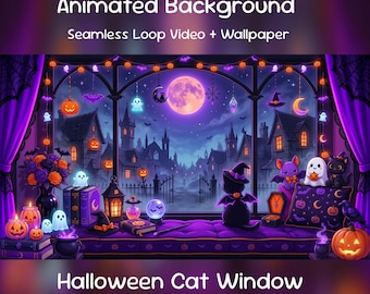 May include: Animated Background Seamless Loop Video + Wallpaper Halloween Cat Window. A digital illustration of a window view featuring a purple night sky, a full moon, spooky houses, glowing jack-o'-lanterns, ghosts, and a black cat.
