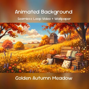 May include: Animated Background Seamless Loop Video + Wallpaper Golden Autumn Meadow. A digital illustration of an autumn meadow featuring a wooden bench, a pumpkin, a basket of apples, a hat, and a windmill under a blue sky with clouds.
