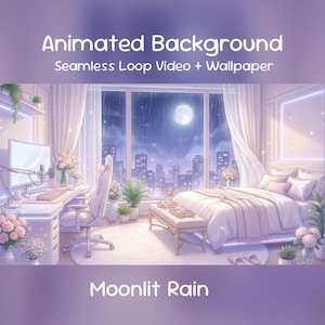 Op de afbeelding: Een geanimeerde achtergrondafbeelding van een slaapkamer met een computer en bed, verlicht door volle maan en stadslichten. De afbeelding bevat de tekst "Animated Background" en "Moonlit Rain", wat een serene sfeer creëert.