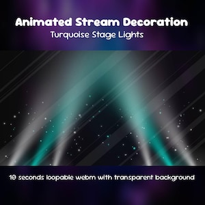 Könnte beinhalten: Animierte Stream-Dekoration mit türkisfarbenen Bühnenscheinwerfern, weißen Lichtstrahlen und schwebenden Partikeln auf dunklem Hintergrund. Der Text lautet Animated Stream Decoration, Turquoise Stage Lights und 10 seconds loopable webm with transparent background.