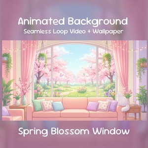 Puede incluir: Imagen de fondo animada que presenta una escena de ventana de flor de primavera. La imagen muestra una sala de estar rosa con una gran ventana que da a un jardín de cerezos en flor. Se muestra el texto "Animated Background" y "Spring Blossom Window".