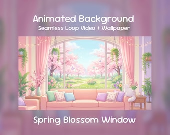Fondo animado de ventana con flores de primavera estilo anime / Gato acogedor, transmisión de VTuber (descarga digital en MP4 y PNG)